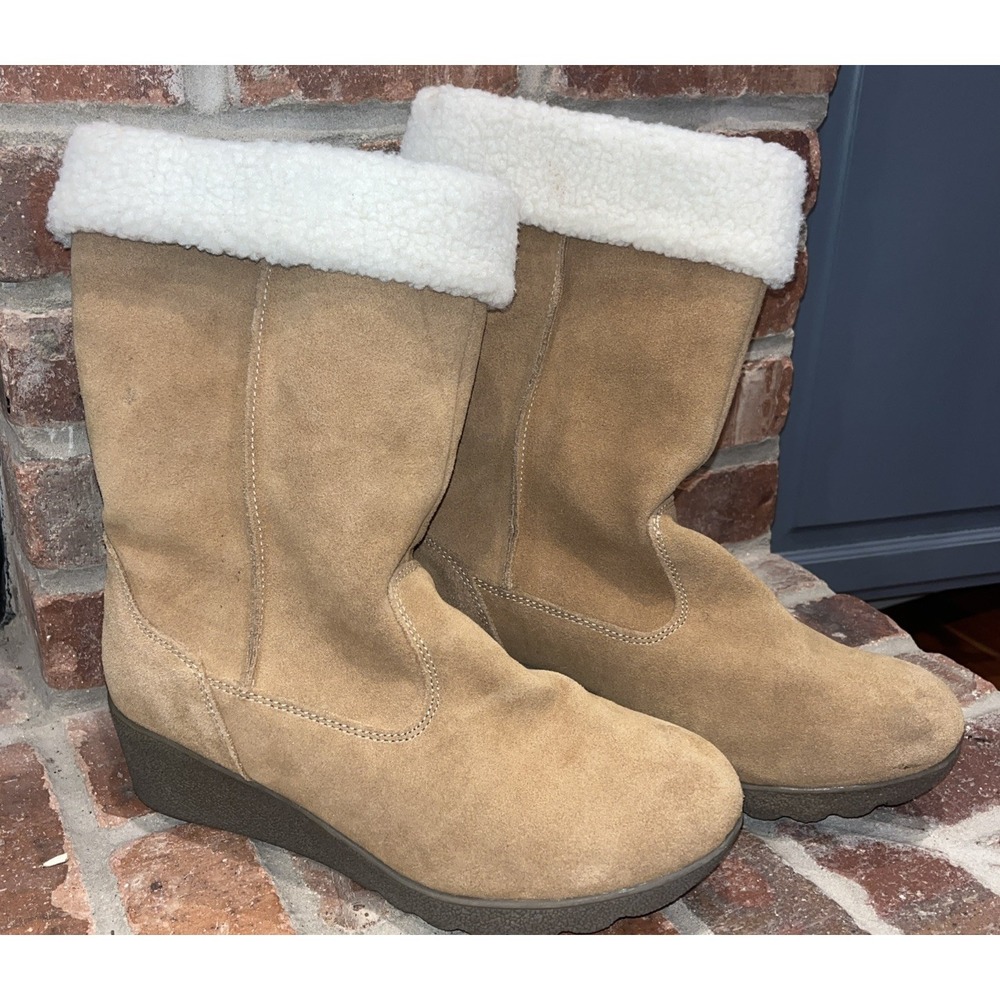 Lands End Chalet Chukka Leather Faux Fur Wedge Boots Women's Size 9.5B Chestnut